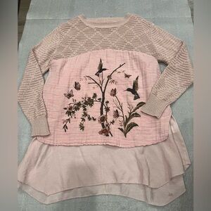 [M/L]Free People Vibe Wool Blend Bird Floral Graphic Pink Layered Sweater